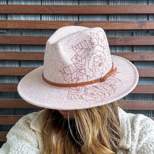 Light Pink Hand Burned Floral Wide Brim Fedora