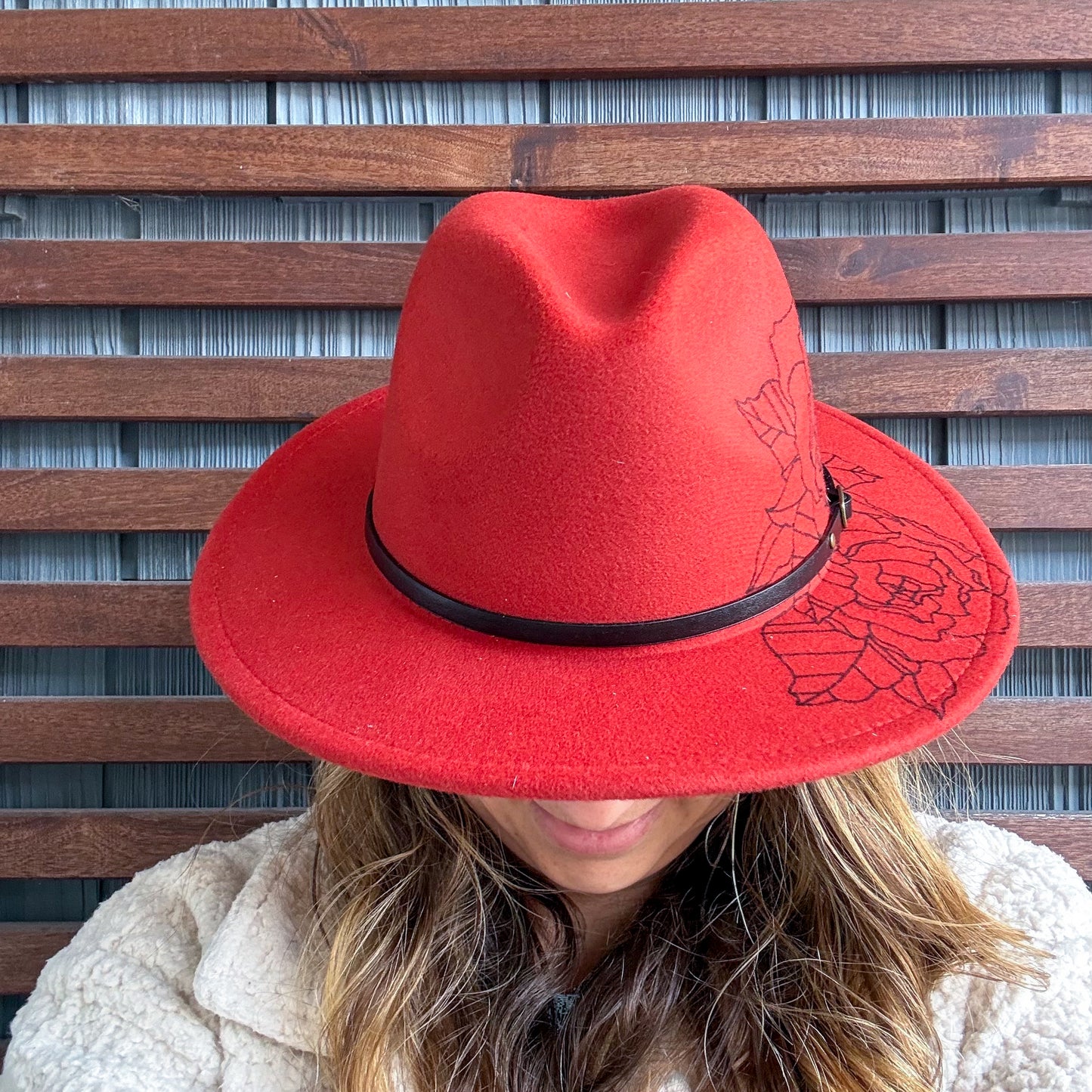 Red Hand Drawn Peonies Flower Wide Brim Fedora