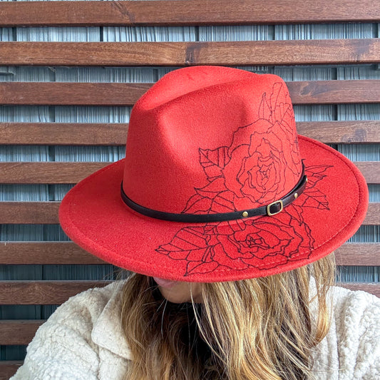 Red Hand Drawn Peonies Flower Wide Brim Fedora