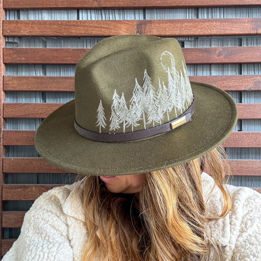 Army Green Hand Drawn Mountain Wide Brim Fedora