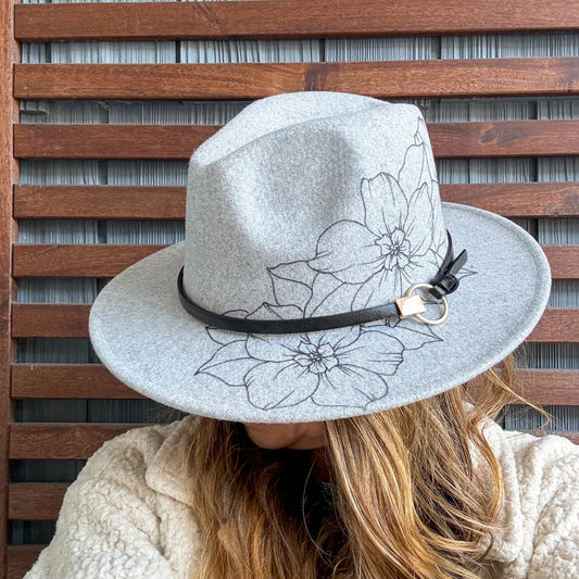 Light Grey Hand Drawn Flower Wide Brim Fedora
