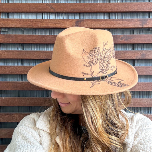 Tan Hand Drawn Pinecone Wide Brim Fedora