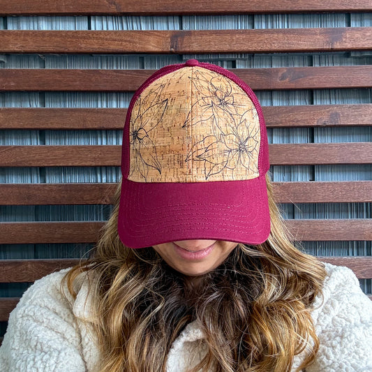 Red Hand Drawn Floral Cork Curved Brim Trucker Hat