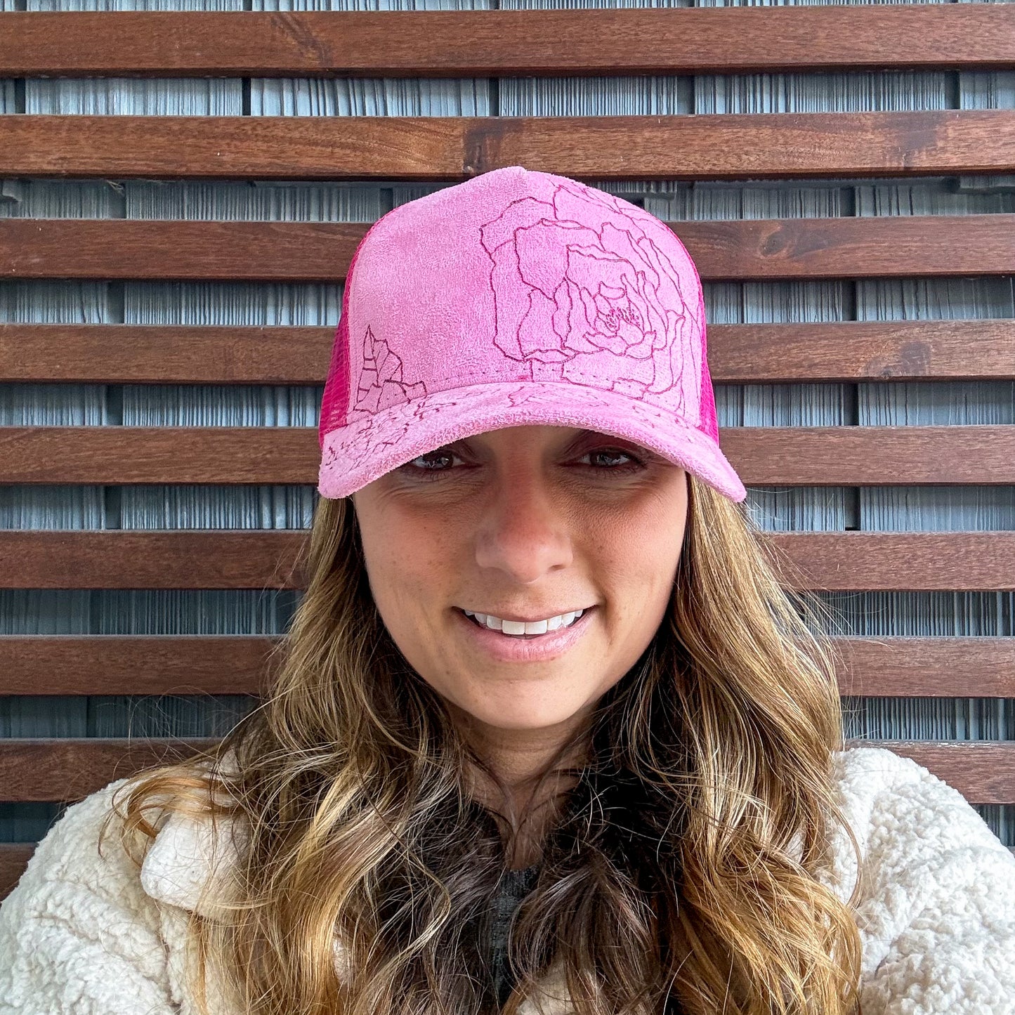 Suede Pink Burned Floral Trucker Hat