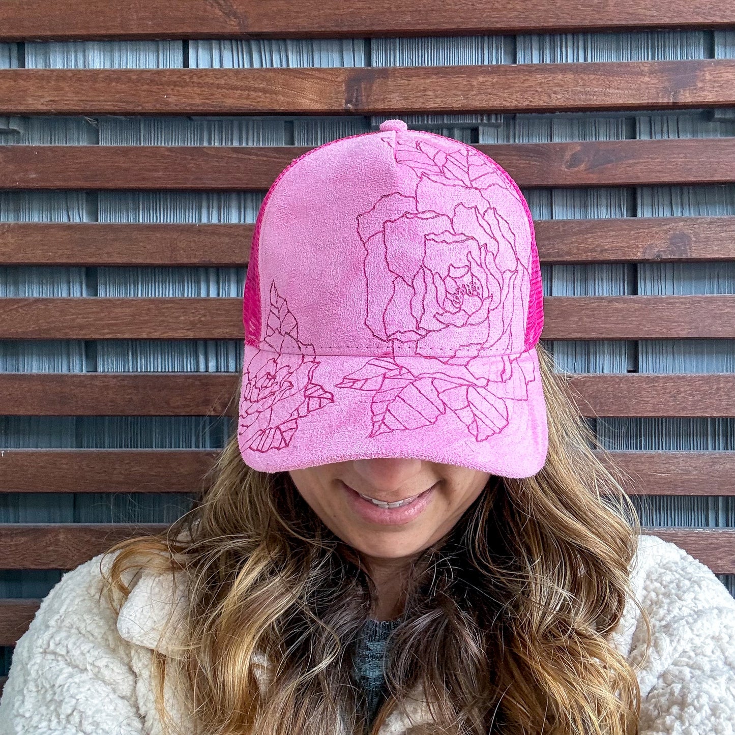 Suede Pink Burned Floral Trucker Hat