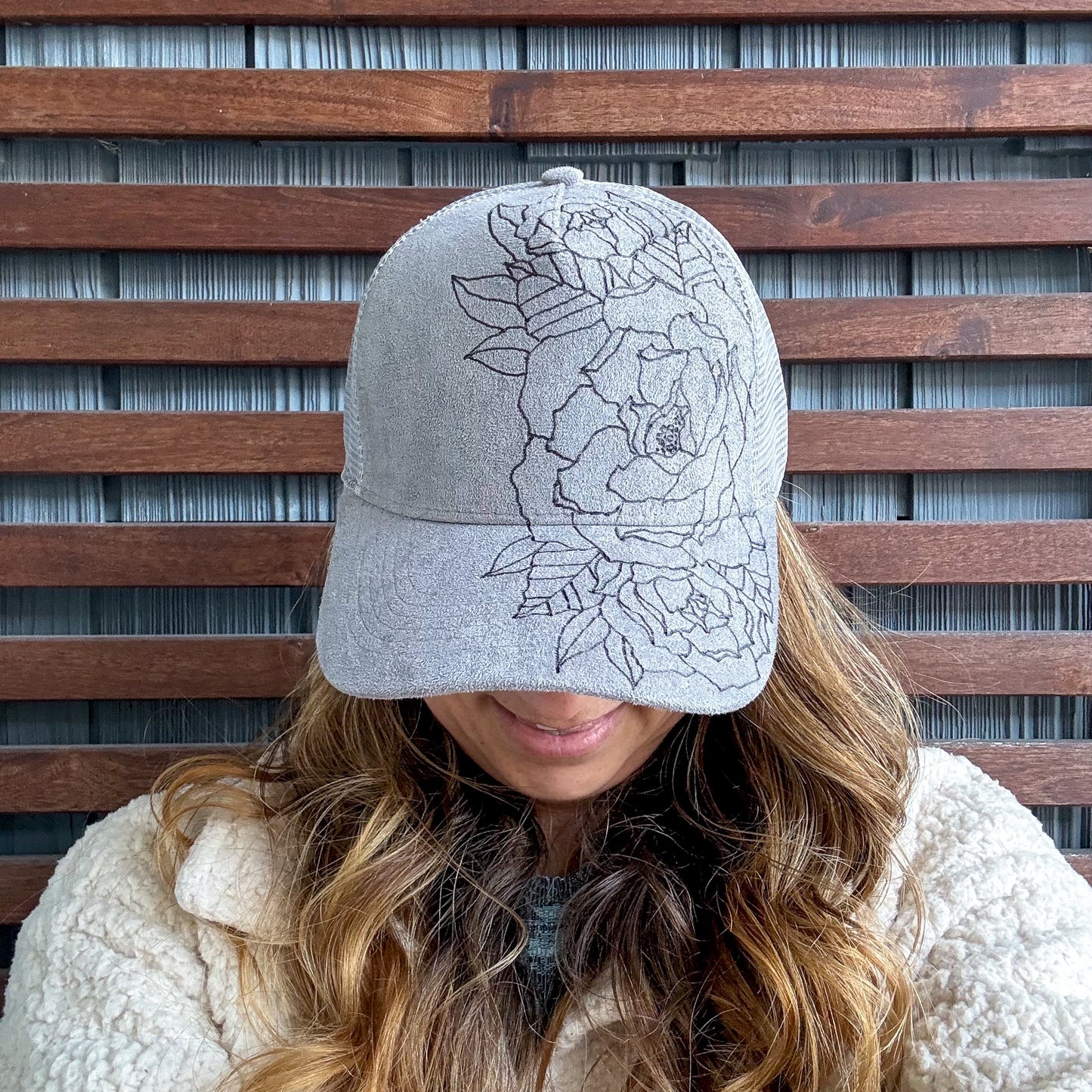 Suede Light Grey Burned Peony Floral Trucker Hat