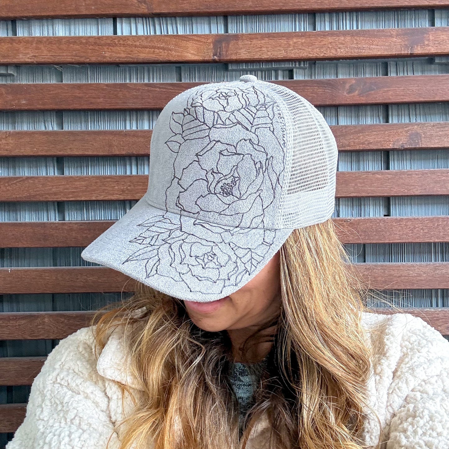 Suede Light Grey Burned Peony Floral Trucker Hat