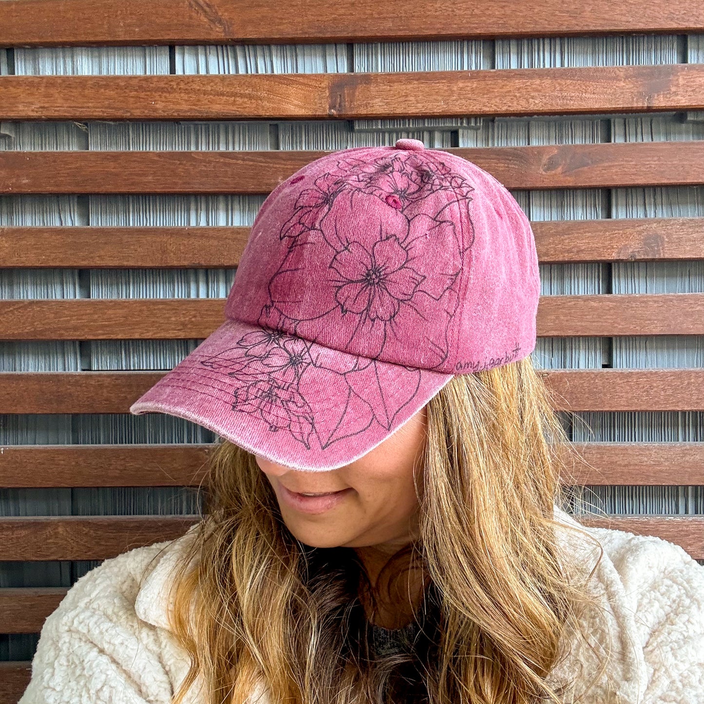 Red Hand Drawn Floral Adjustable Baseball Cap