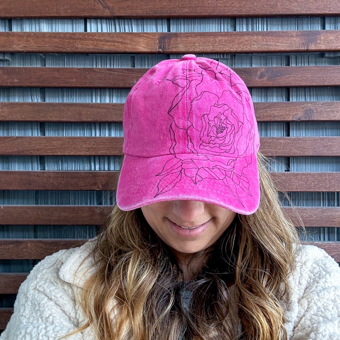 Pink Hand Drawn Floral Adjustable Baseball Cap