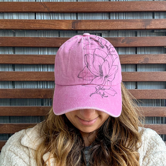 Light Pink Hand Drawn Floral Adjustable Baseball Cap
