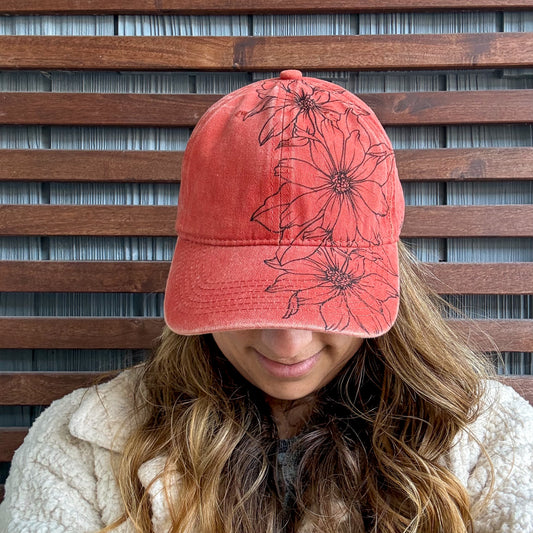 Coral Hand Drawn Floral Adjustable Baseball Cap