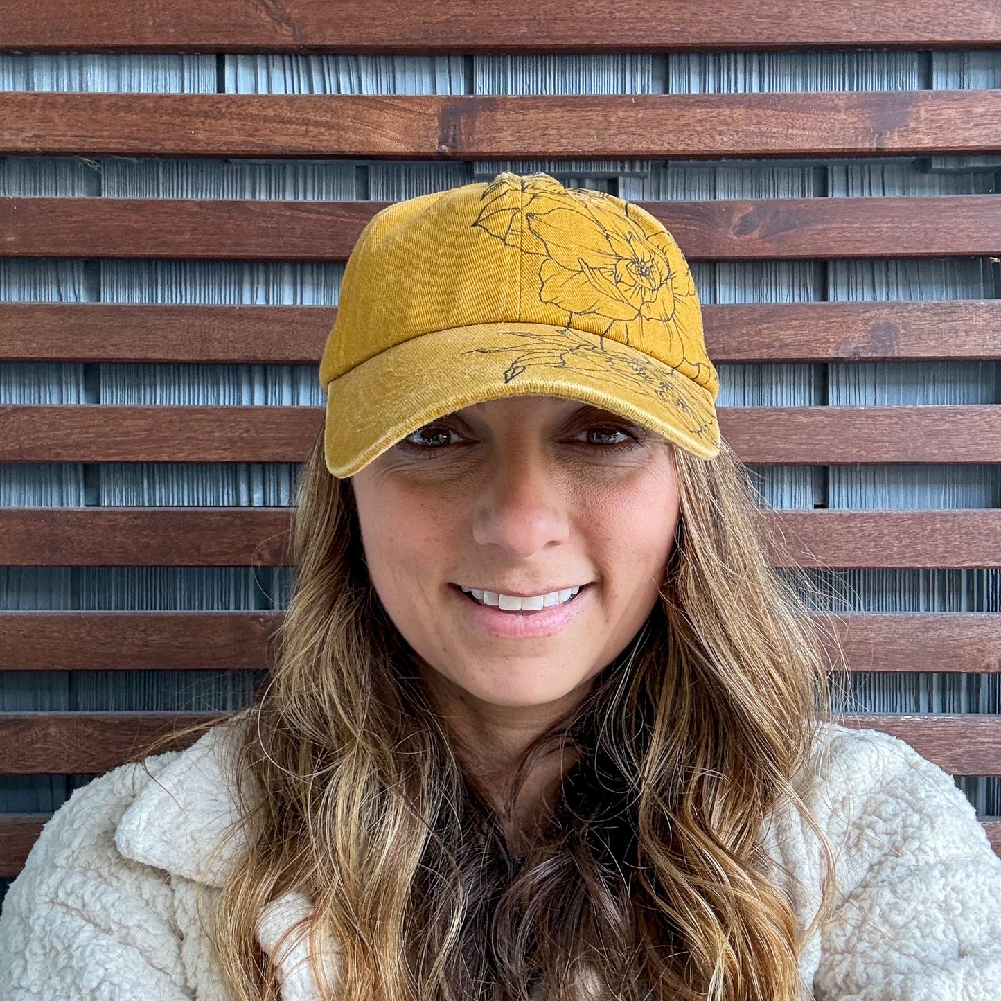 Yellow Hand Drawn Floral Adjustable Baseball Cap