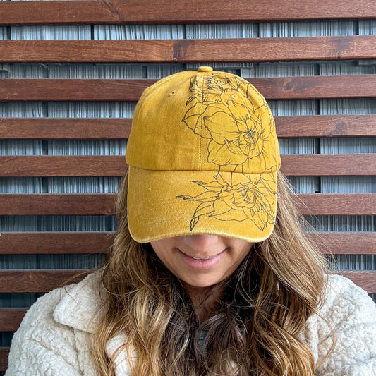 Yellow Hand Drawn Floral Adjustable Baseball Cap
