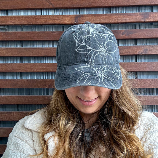 Dark Grey Hand Drawn Floral Adjustable Baseball Cap