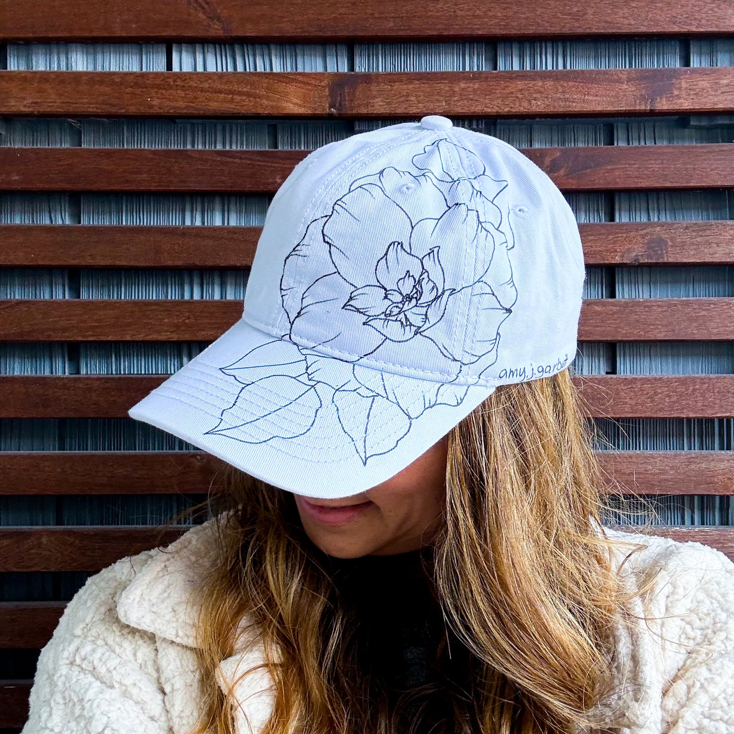 White Hand Drawn Large Floral Adjustable Baseball Cap