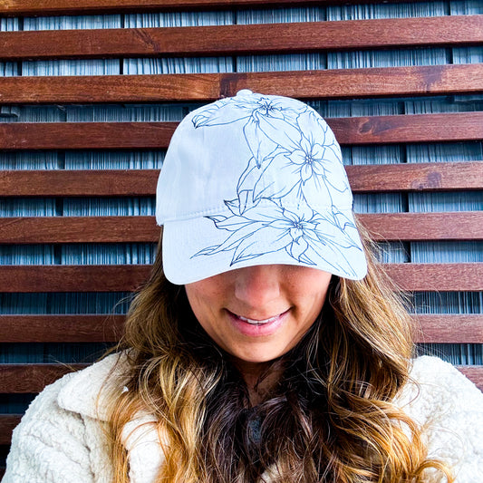White Hand Drawn Wild Flower Floral Adjustable Baseball Cap