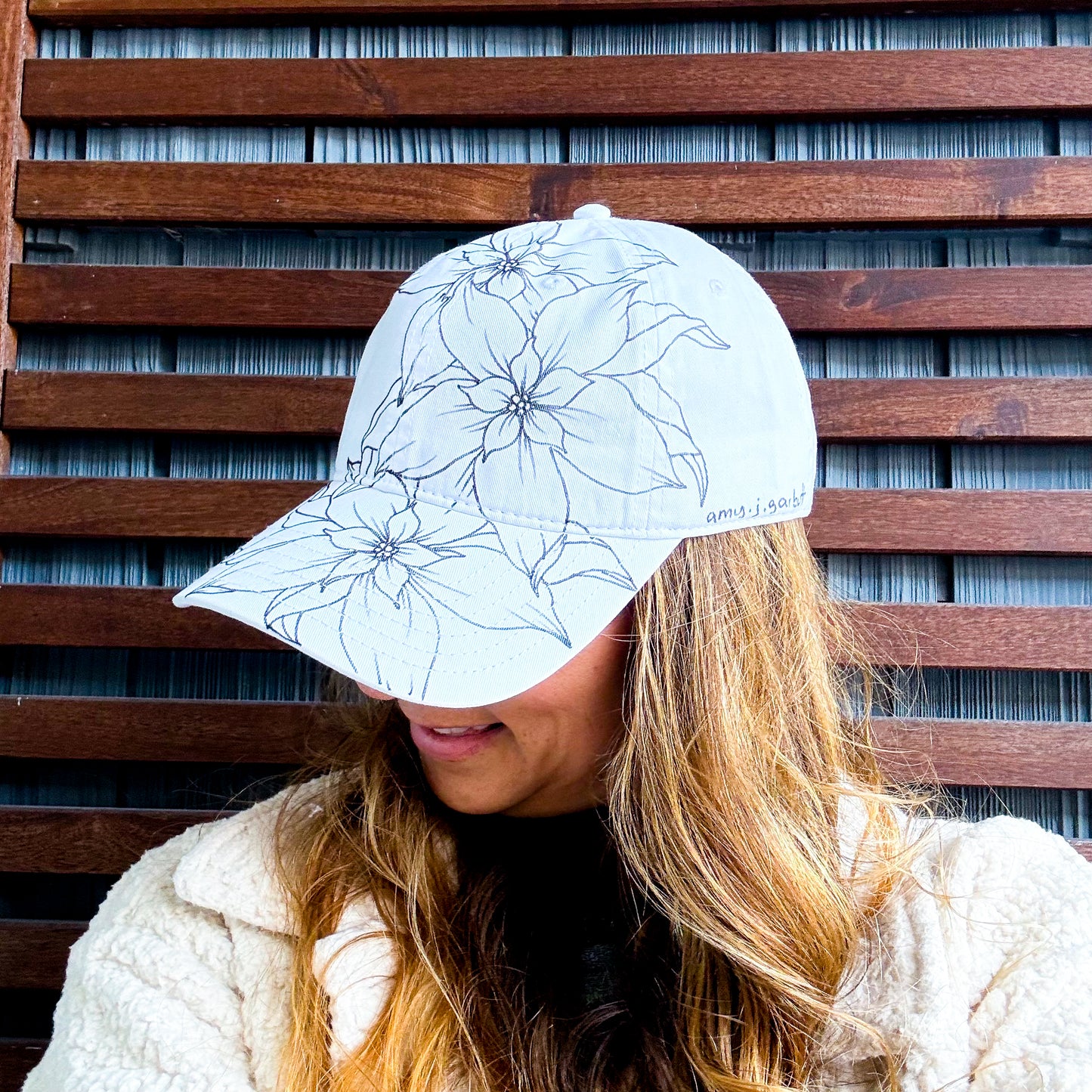 White Hand Drawn Wild Flower Floral Adjustable Baseball Cap