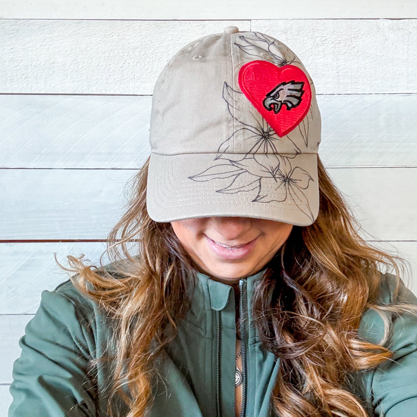 Hand Drawn Floral EAGLES Cap | Khaki Heart