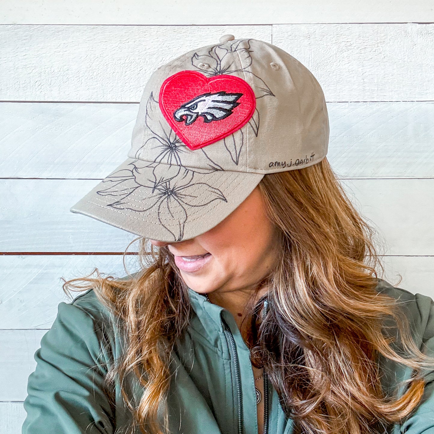 Hand Drawn Floral EAGLES Cap | Khaki Heart
