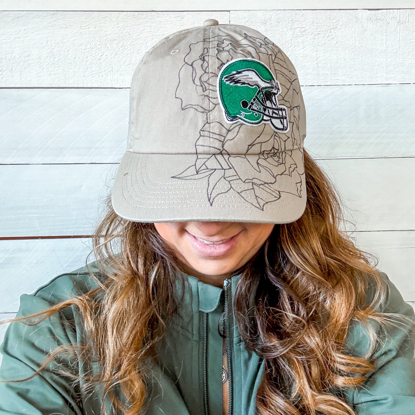 Hand Drawn Floral EAGLES Cap | Khaki Helmet