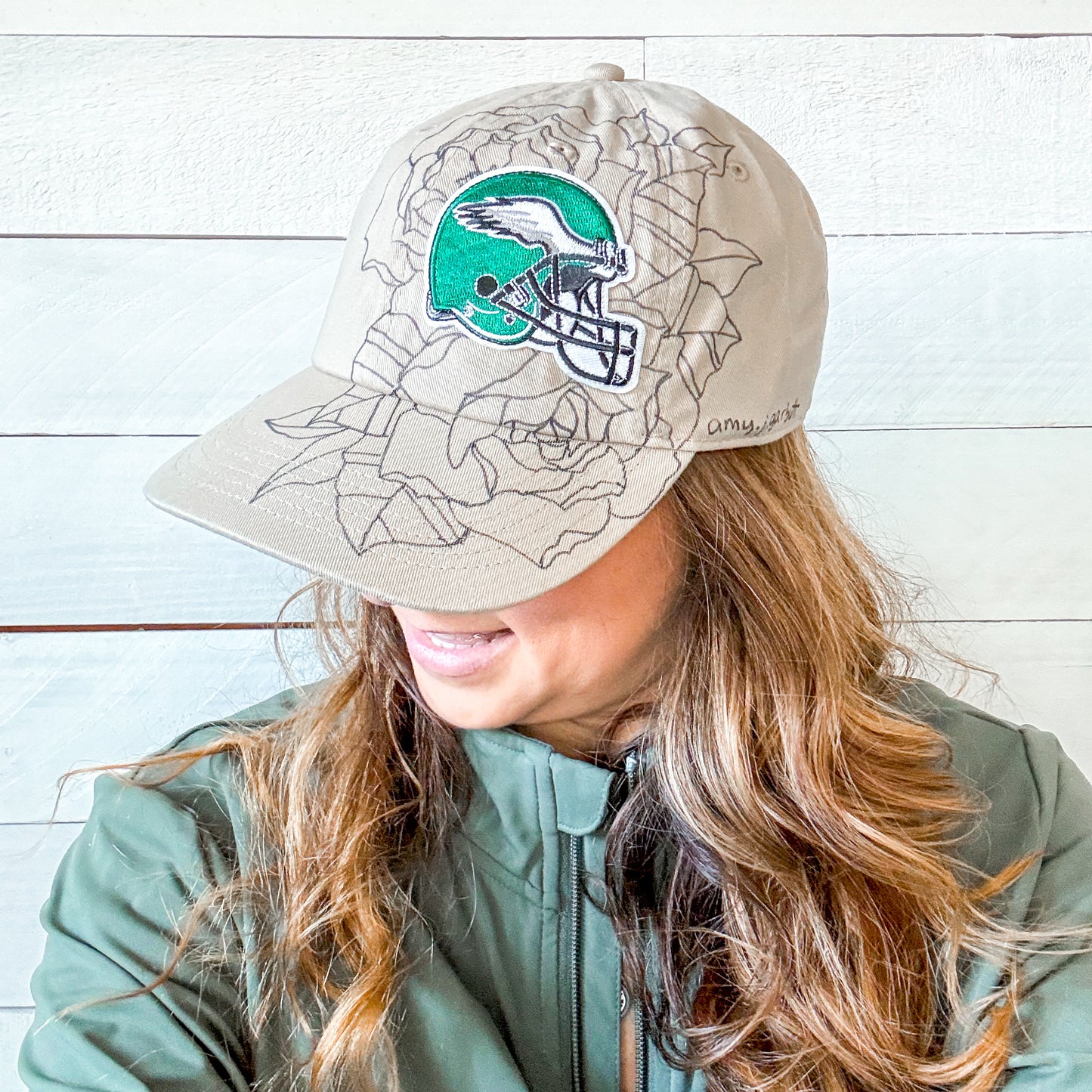 Hand Drawn Floral EAGLES Cap | Khaki Helmet