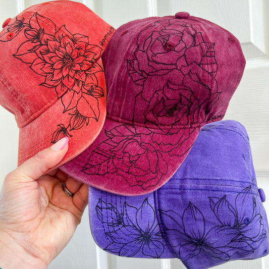 MADE TO ORDER - Hand Drawn Floral Adjustable Baseball Cap