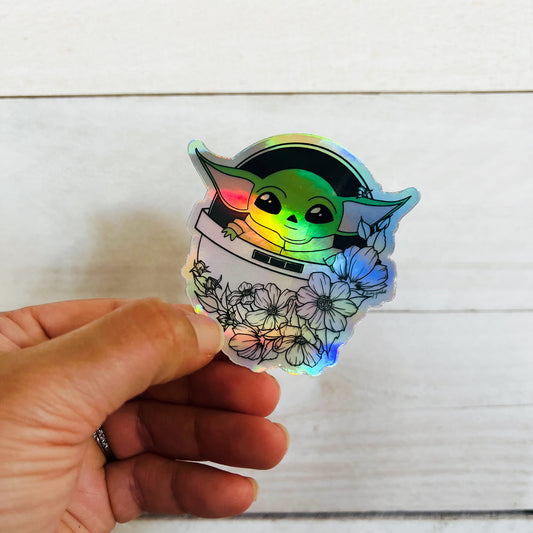 Holographic Hand-drawn Floral Baby Yoda Sticker