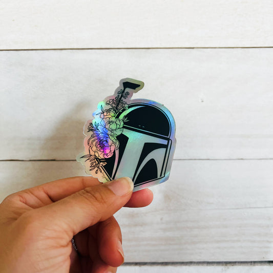 Holographic Hand-drawn Floral Mandalorian Sticker