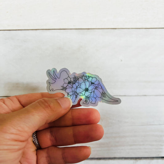 Hand-drawn Triceratops Floral Holographic Sticker