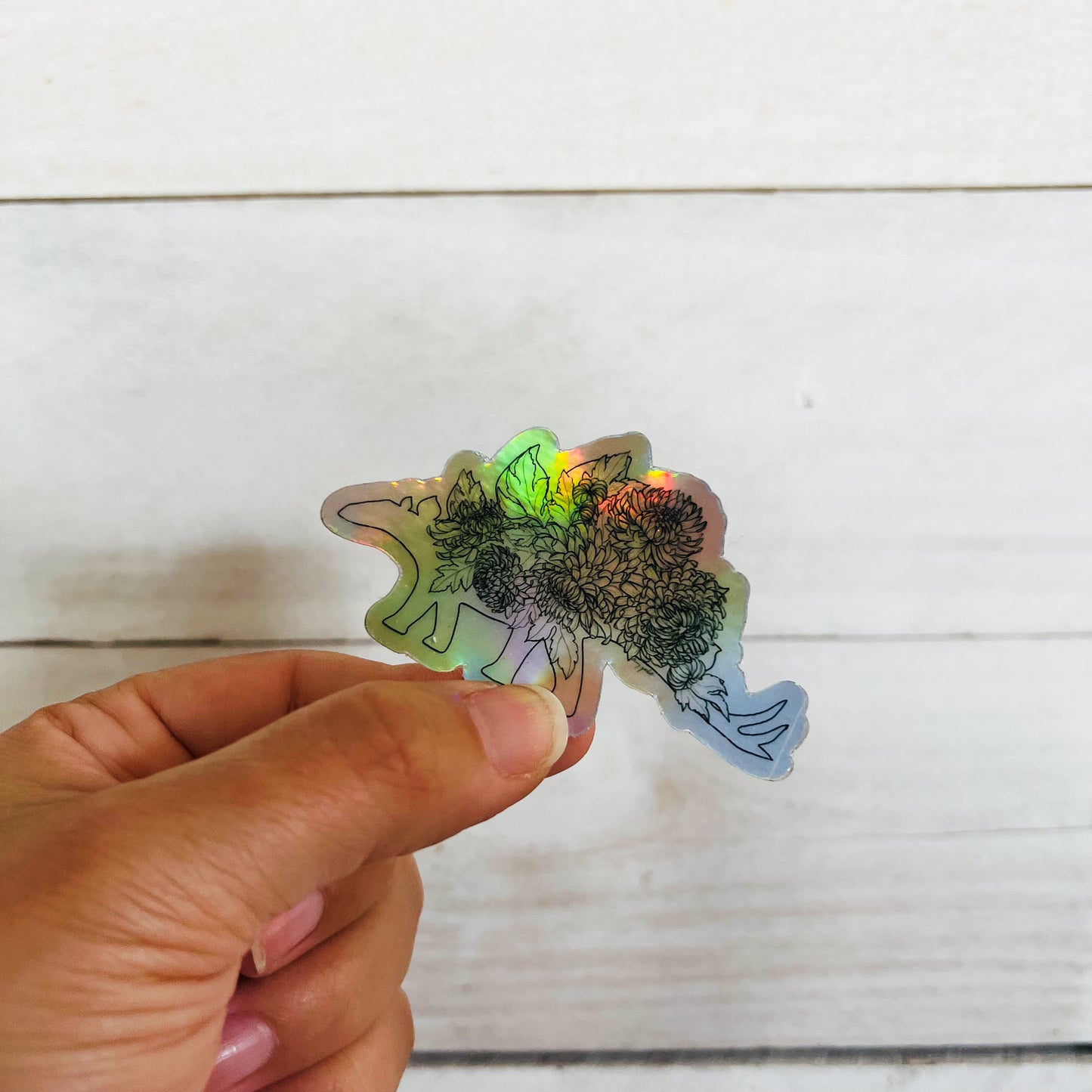 Hand-drawn Stegosaurus Floral Holographic Sticker