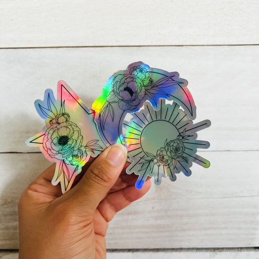 Hand-drawn Sun Moon and Star Floral Holographic Sticker Bundle