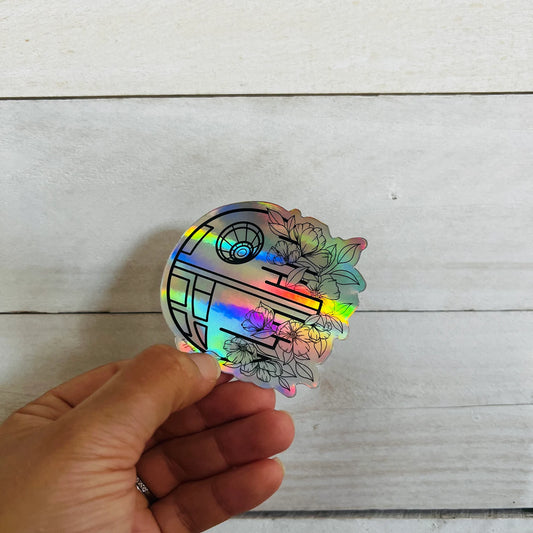 Holographic Hand-drawn Floral Death Star Sticker