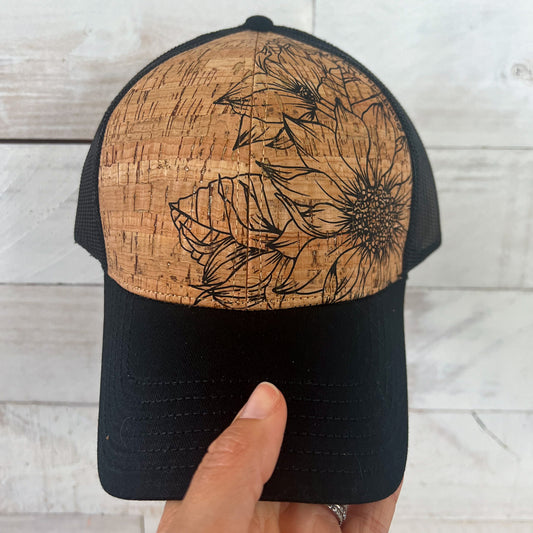 MADE TO ORDER - Black Hand Drawn Floral Cork Trucker Hat